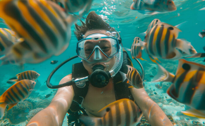 Govind Nagar Beach Havelock Island turquoise water and palm trees with Frogman scuba diving and snorkelling activities