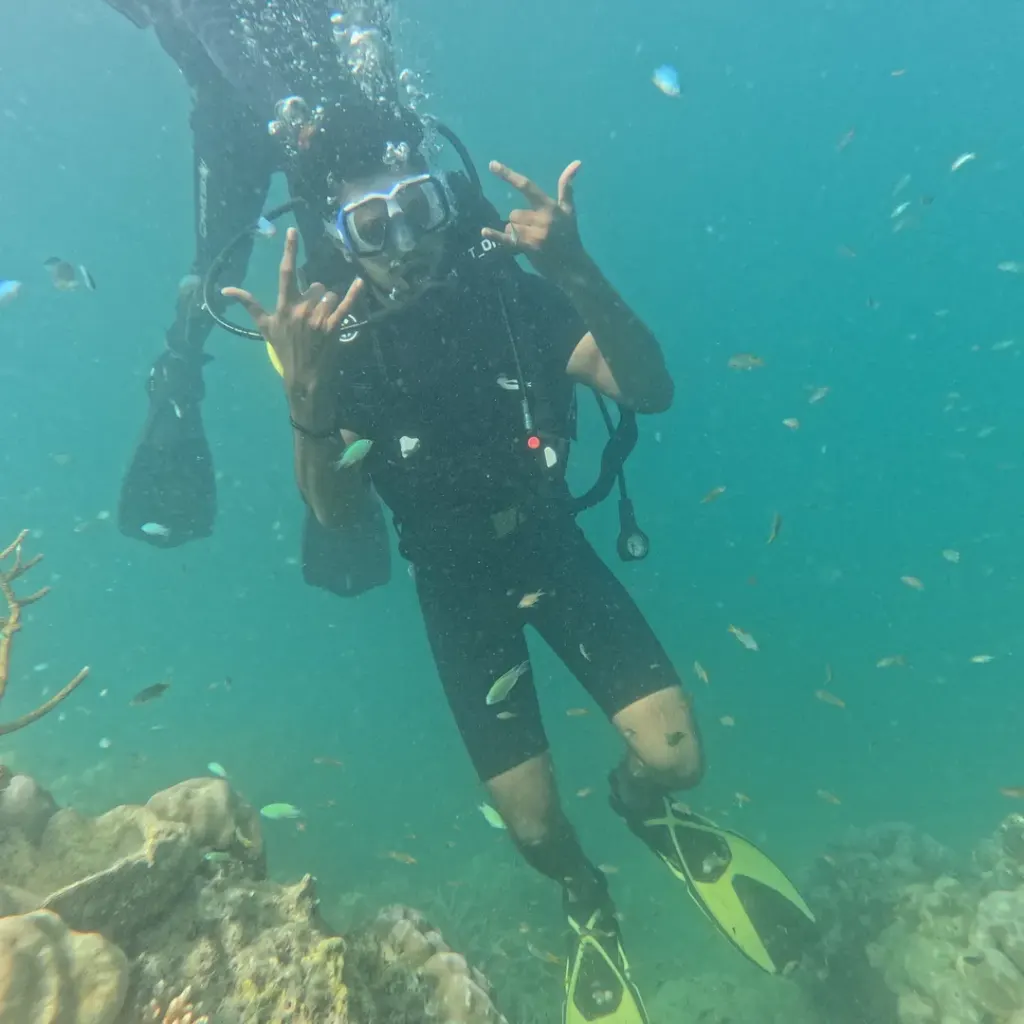Diver hovering over coral with reef fish around, scuba diving in Havelock Island