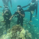 Two divers above coral with reef fish around them, scuba diving in Havelock Island