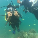 Diver making hand signs with small reef fish nearby, scuba diving in Havelock Island