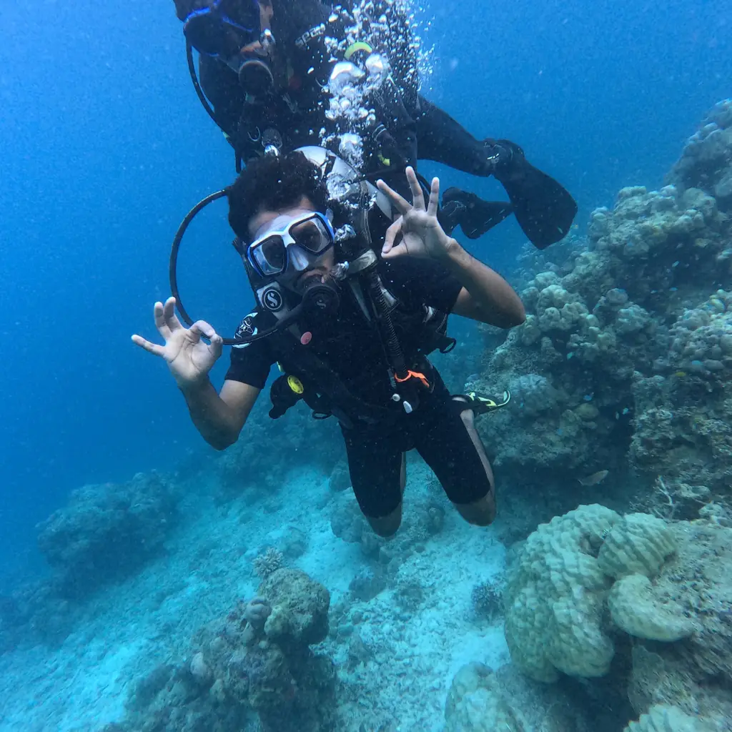 Diver over the reef in deep blue water, diving in Havelock Island