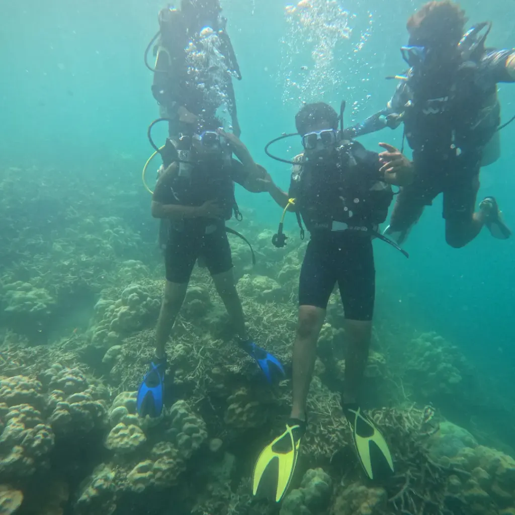 Three divers over the reef, RAID Divemaster course in Havelock, Andaman