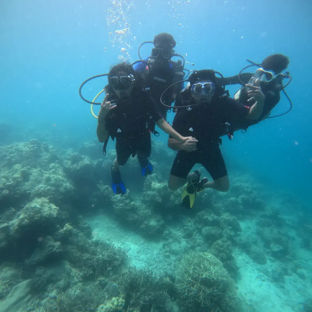 Group of divers over the reef, RAID Divemaster course in Havelock, Andaman