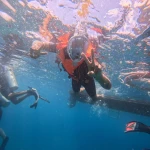 Snorkeller in a full-face mask near the float ring, snorkelling in Havelock Island