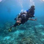 Diver and instructor gliding together over the reef, Lighthouse scuba diving, Havelock Island