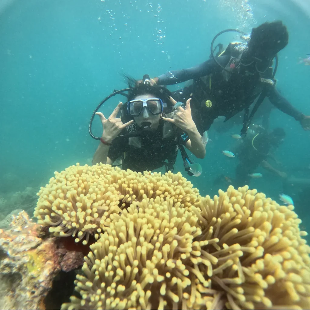 Diver posing above a large anemone garden while scuba diving at Nemo Beach, Havelock Island