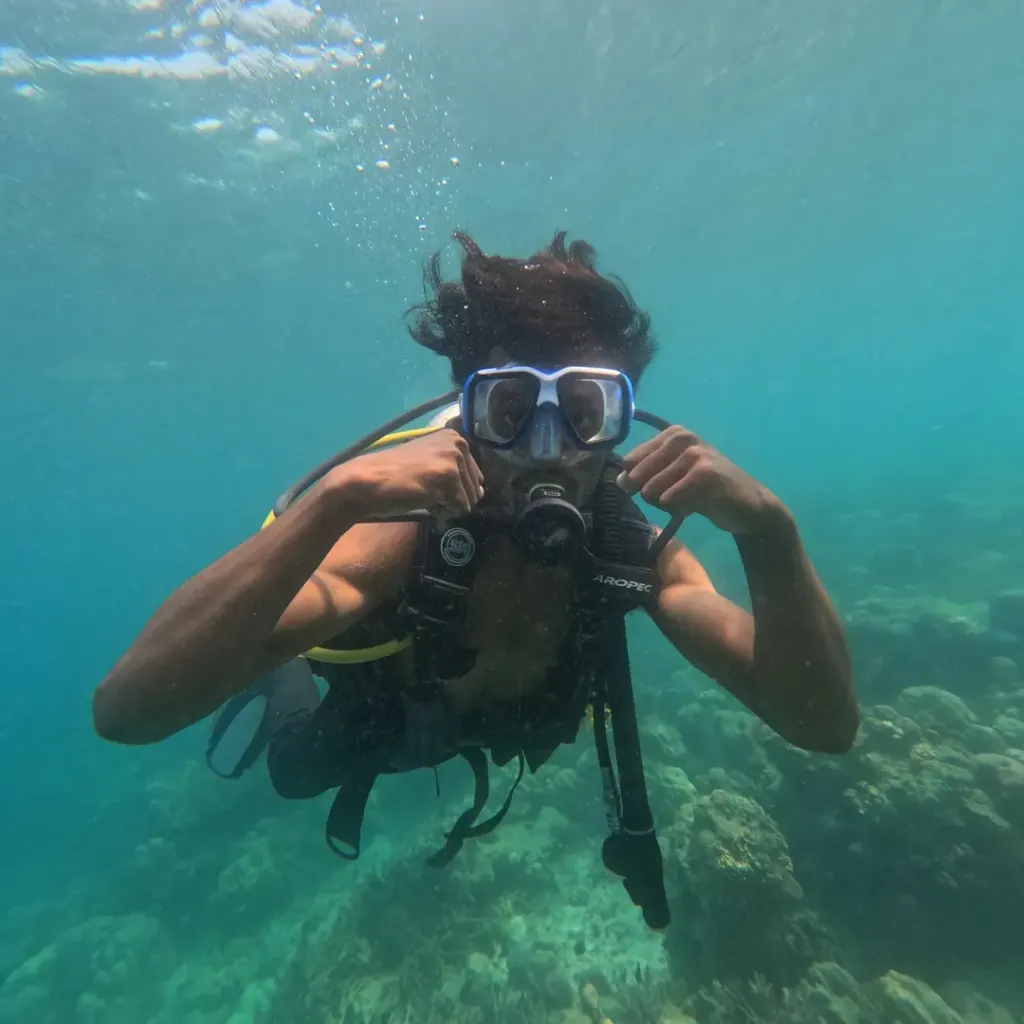 Diver adjusting the mask close to the camera, Nitrox course in Havelock, Andaman