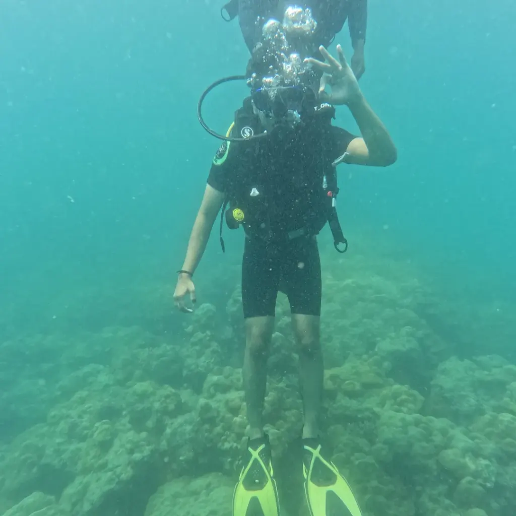 Diver upright above the reef, Nitrox course in Havelock, Andaman