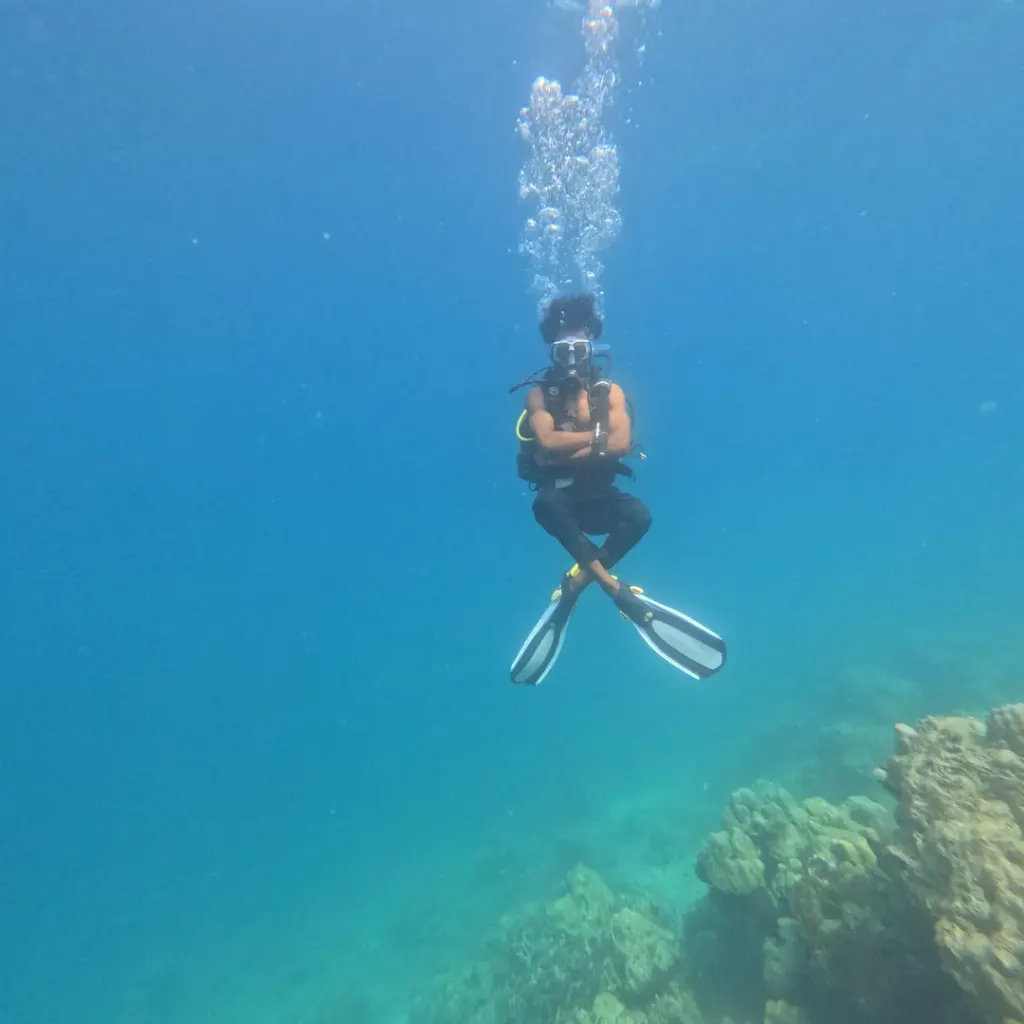 Diver hanging still in blue water, Nitrox course in Havelock, Andaman