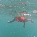 Snorkeller in a life jacket swimming at the surface, snorkelling in Havelock Island