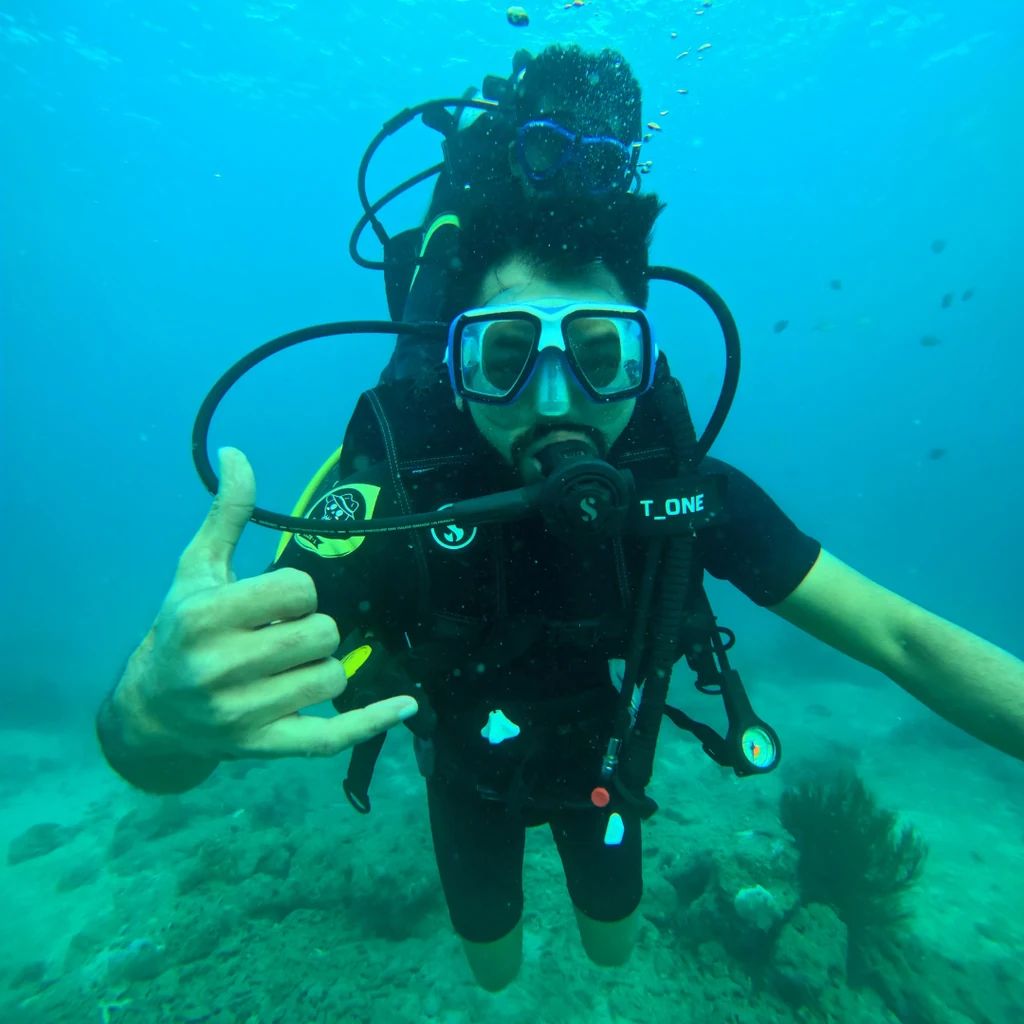 Diver signalling thumbs up on a scuba boat dive at Havelock