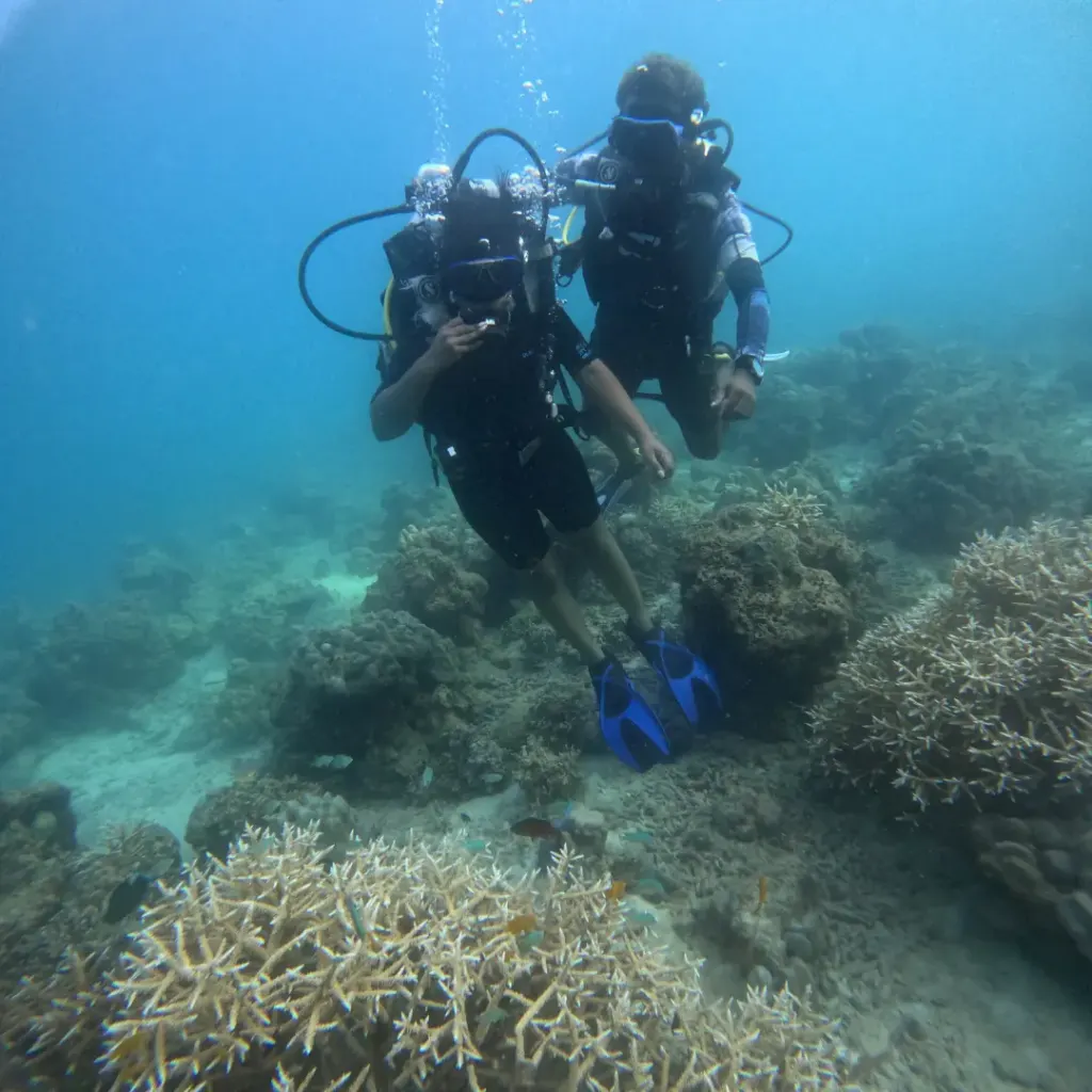 Diver and instructor above branching coral, The Slope scuba diving, Havelock Island