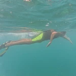 Snorkeller in yellow fins and shorts finning along just under the surface, snorkelling in Havelock