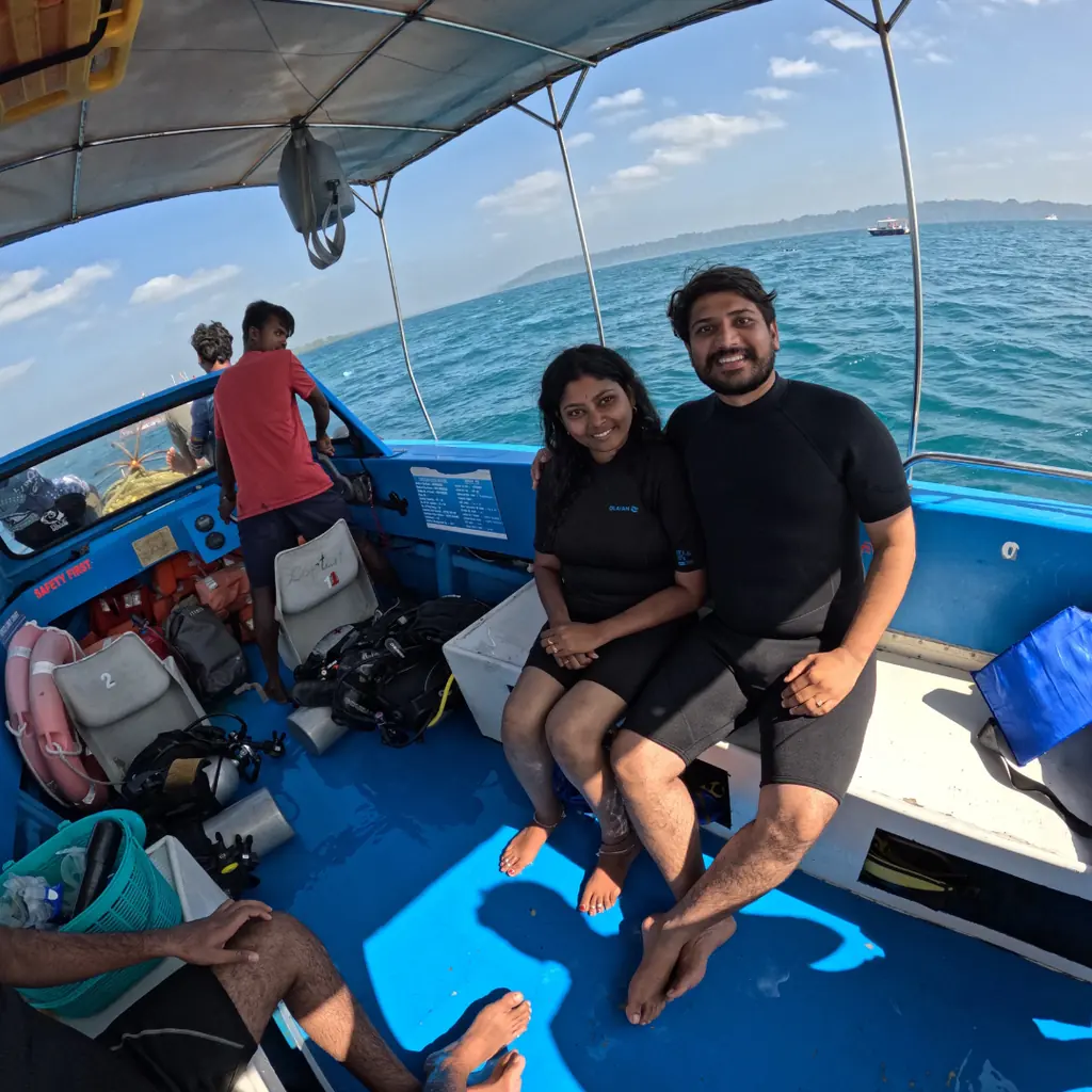 Couple on the dive boat during the short ride out to Tribe Gate, Havelock Island