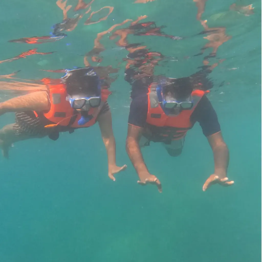Two snorkellers in life jackets looking down at the reef, snorkelling in Havelock Island