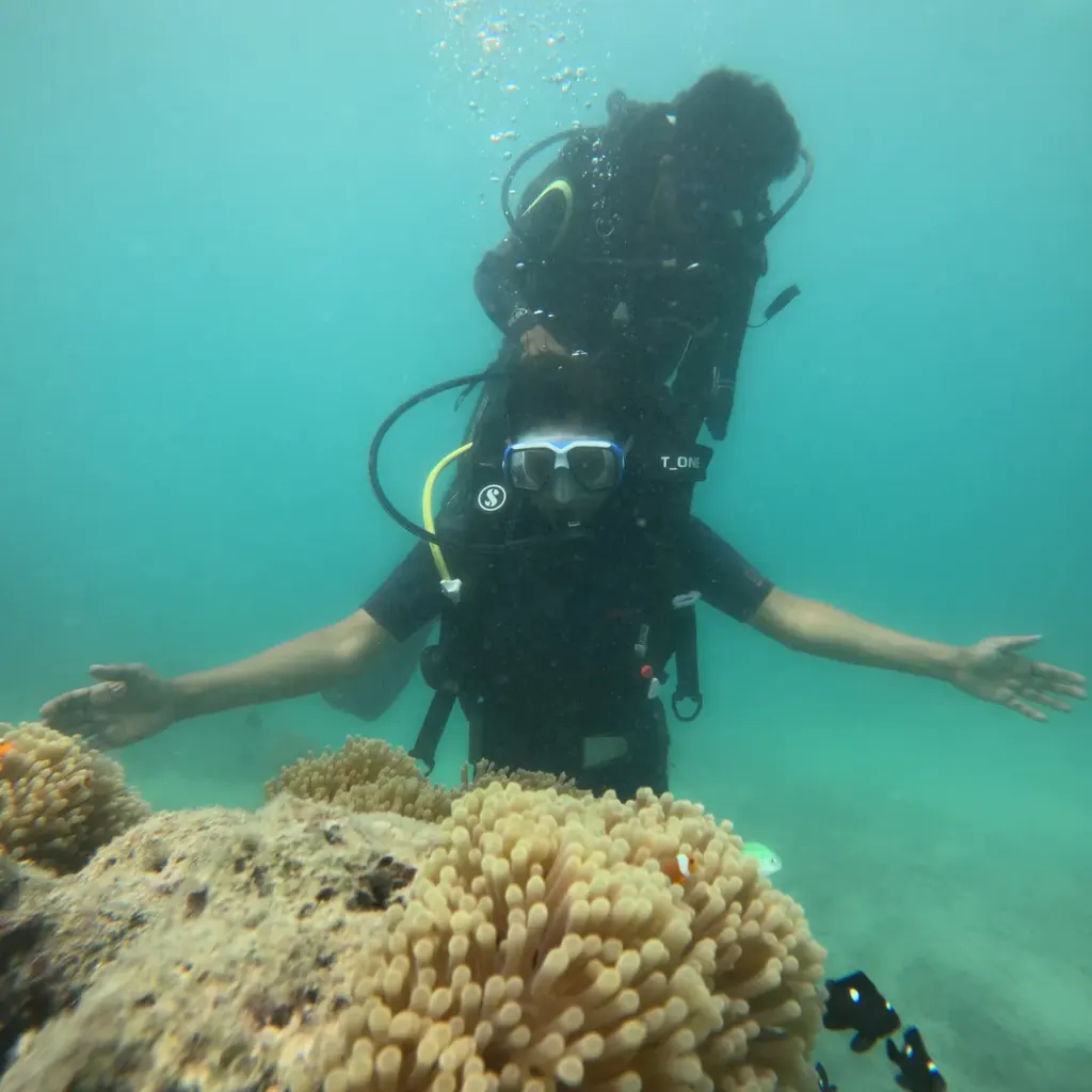 Diver with arms spread above an anemone, Try Scuba diving in Havelock Island