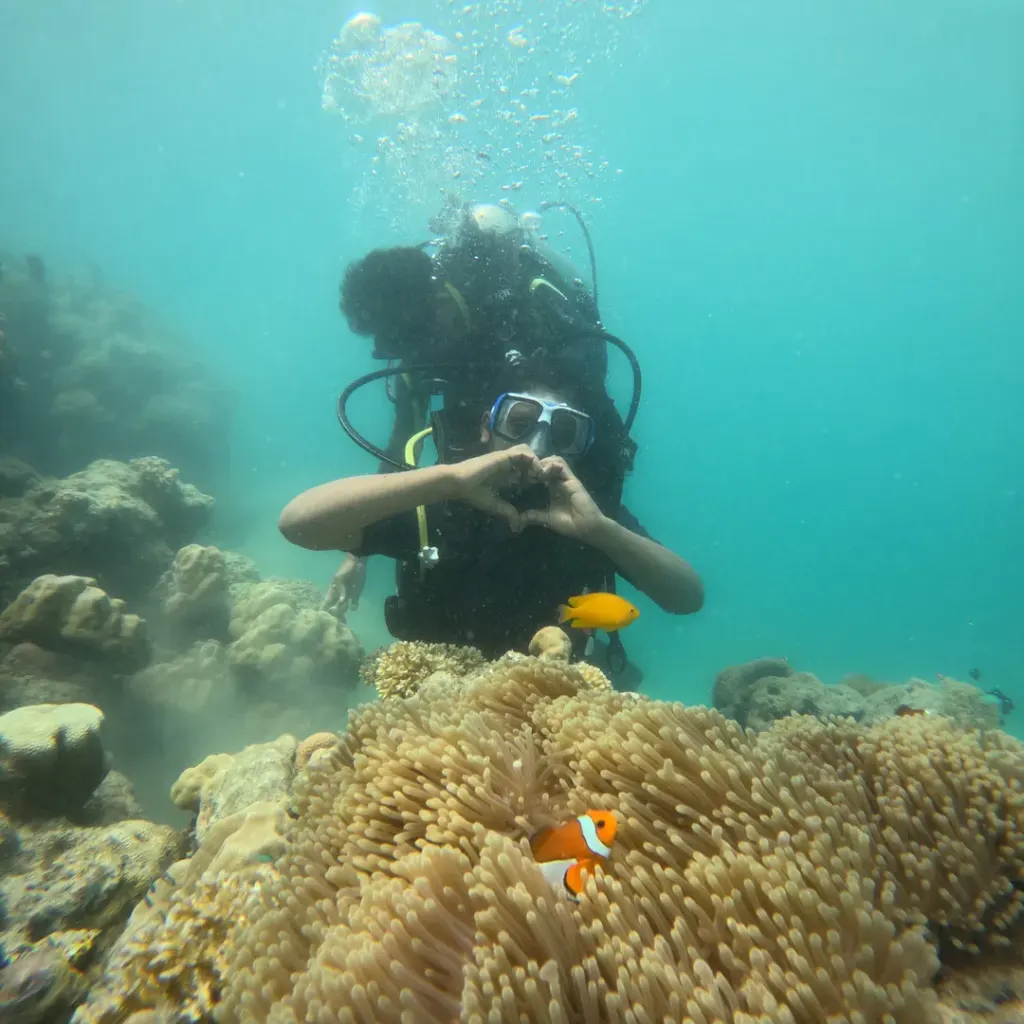 Diver making a heart sign above an anemone with clownfish, Try Scuba diving in Havelock Island