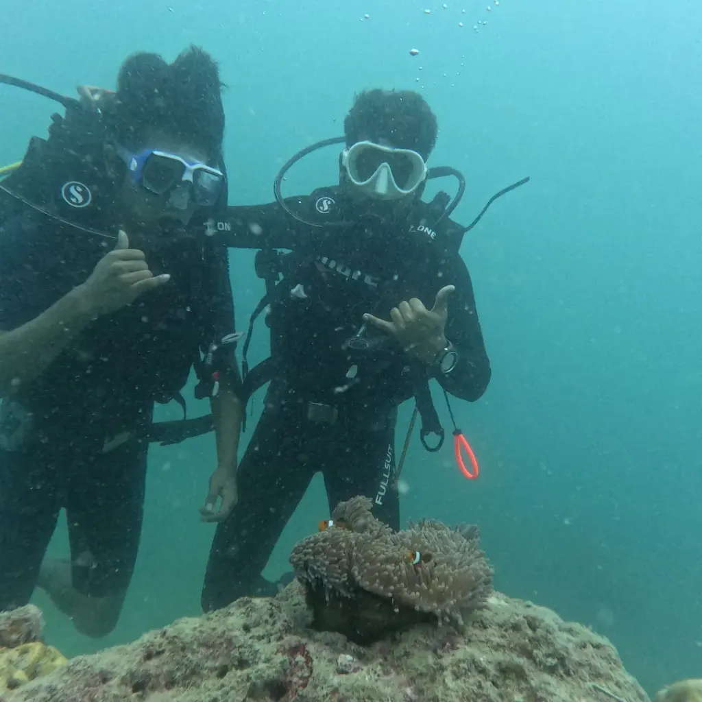 Two divers making shaka signs beside an anemone, Turtle Beach scuba diving, Havelock Island