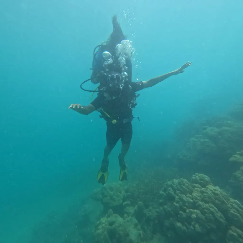 Diver with arms spread above the reef, Zero to Hero internship in Havelock, Andaman