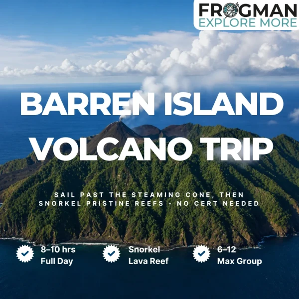 Barren Island active volcano in the Andaman Sea, seen from the Barren Island trip boat from Havelock