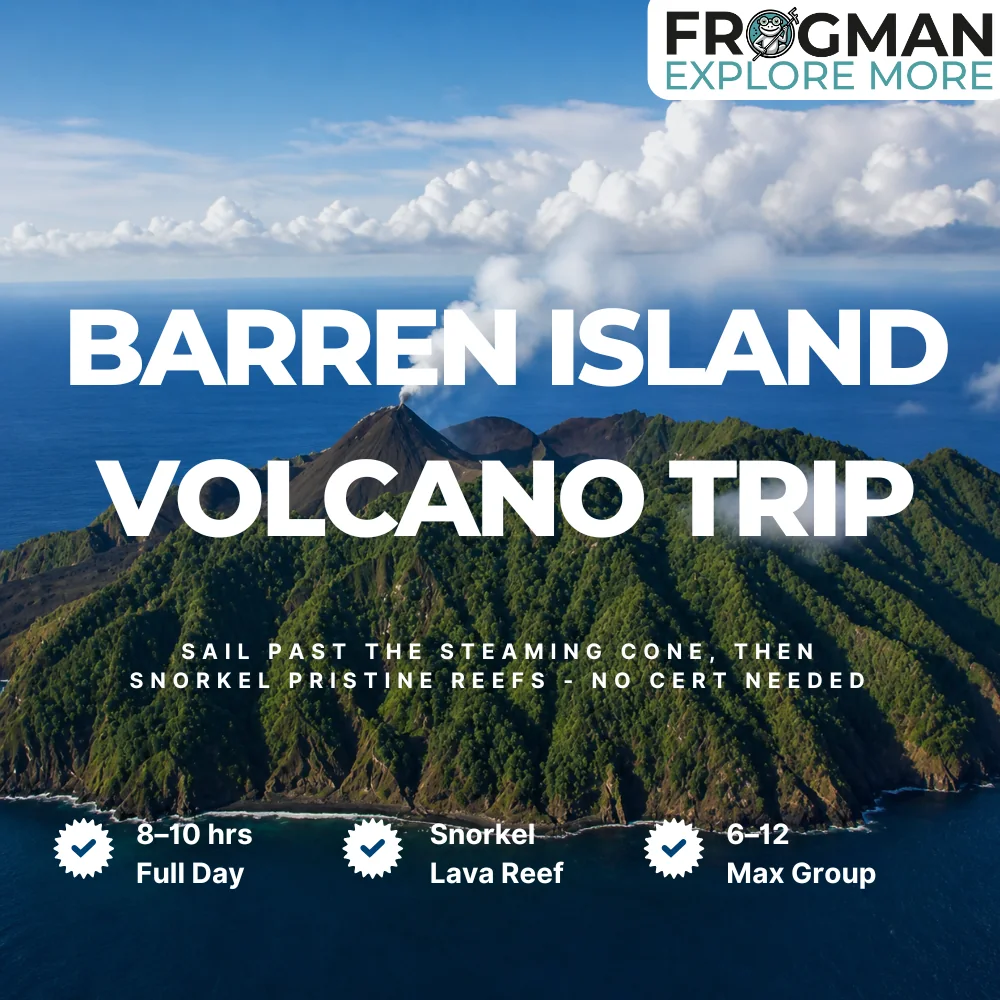 Barren Island active volcano in the Andaman Sea, seen from the Barren Island trip boat from Havelock