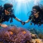 Honeymoon couple scuba diving together over a coral reef in Havelock, Andaman
