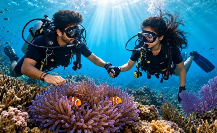 Honeymoon couple scuba diving together over a coral reef in Havelock, Andaman
