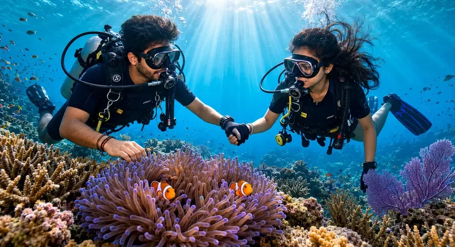 Honeymoon couple scuba diving together over a coral reef in Havelock, Andaman