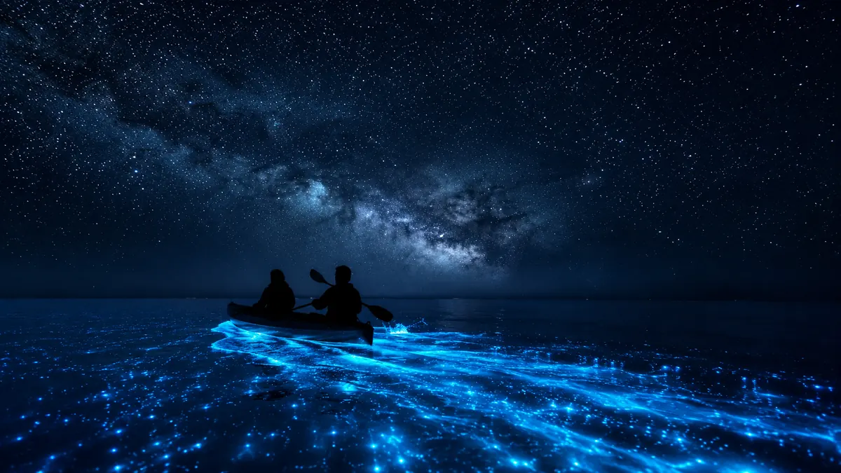 Couple bioluminescence kayaking at night under the stars in Havelock, Andaman
