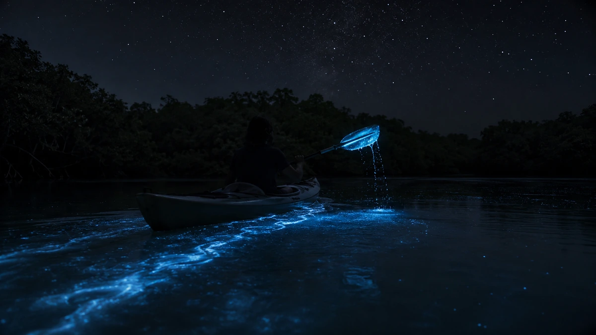 Bioluminescent blue glow trailing a kayak at night in Havelock
