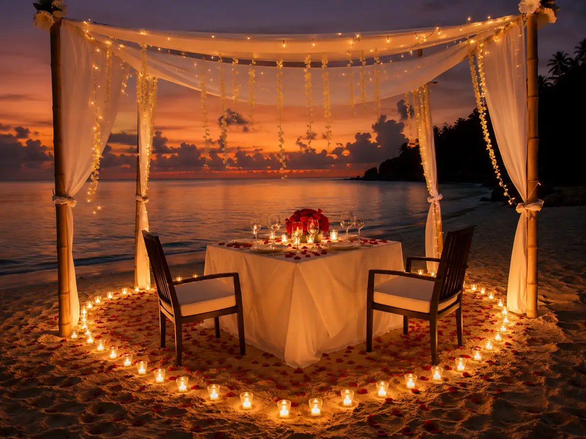 Private beach candlelight dinner setup for couples in Havelock, Andaman