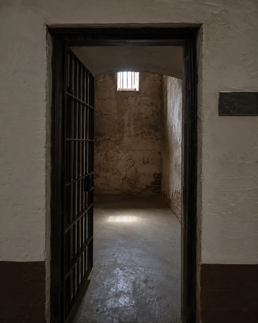 Inside a solitary cell at the Cellular Jail, barred iron door and a high window