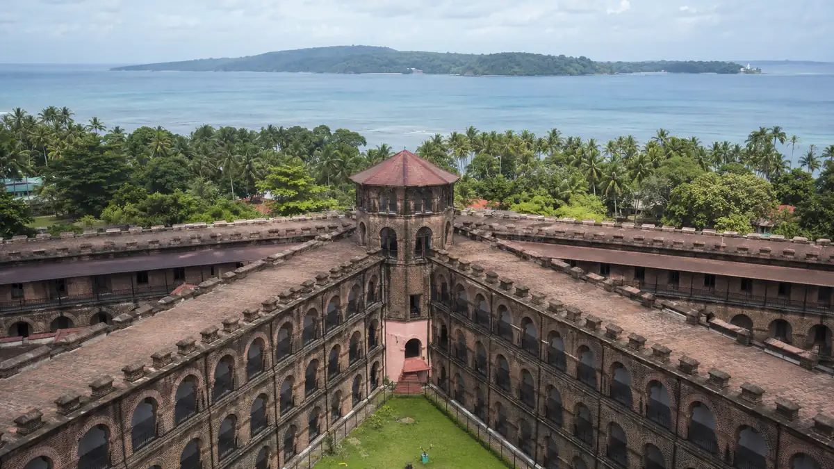 Central watchtower and surviving wings of the Cellular Jail seen from above