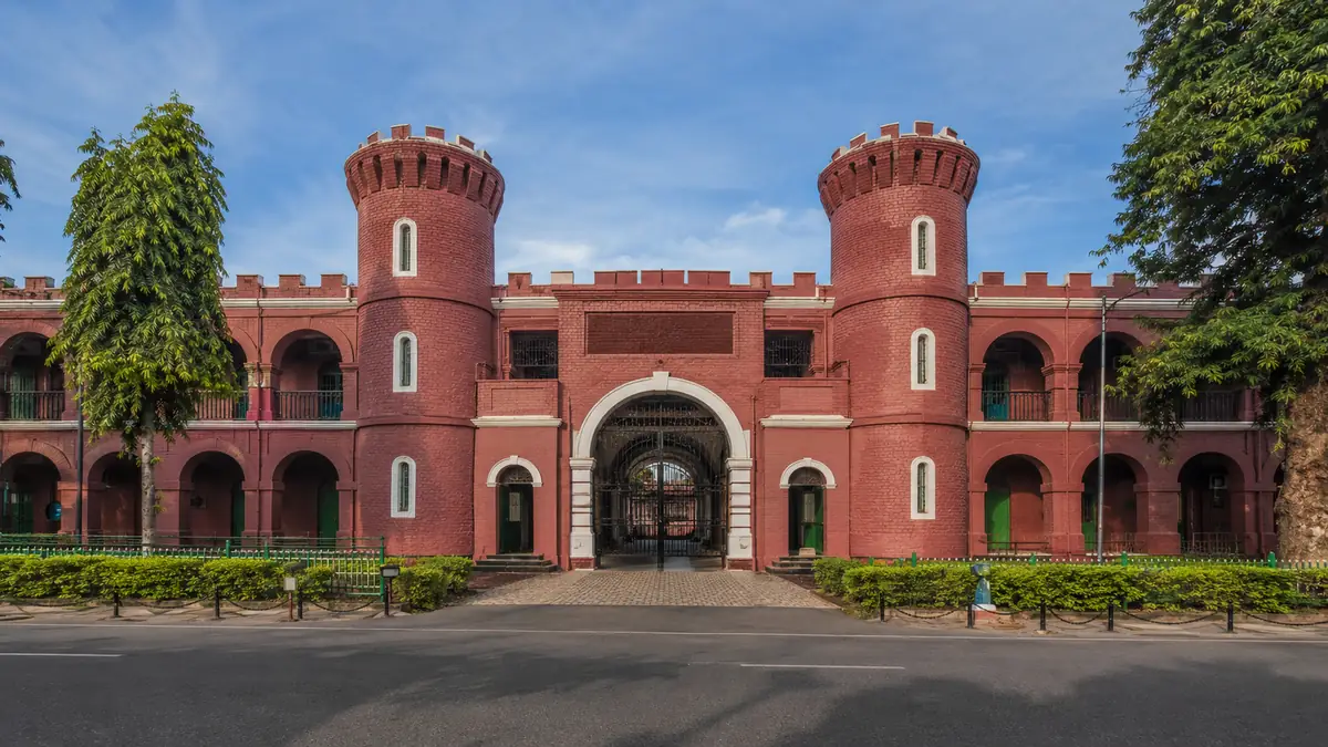 Red brick entrance block of the Cellular Jail in Port Blair