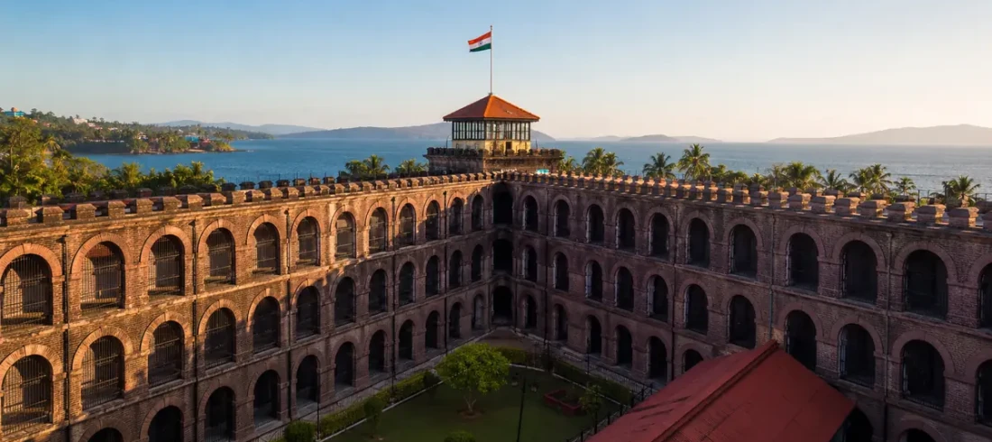 Cellular Jail Port Blair national memorial, central tower and wings with the Indian flag