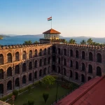 Cellular Jail Port Blair national memorial, central tower and wings with the Indian flag