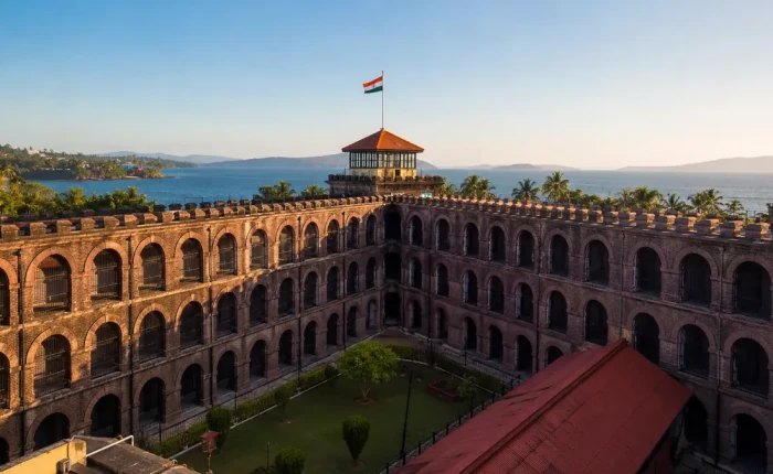Cellular Jail Port Blair national memorial, central tower and wings with the Indian flag
