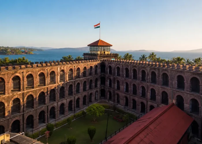 Cellular Jail Port Blair national memorial, central tower and wings with the Indian flag Cellular Jail Port Blair national memorial, central tower and wings with the Indian flag