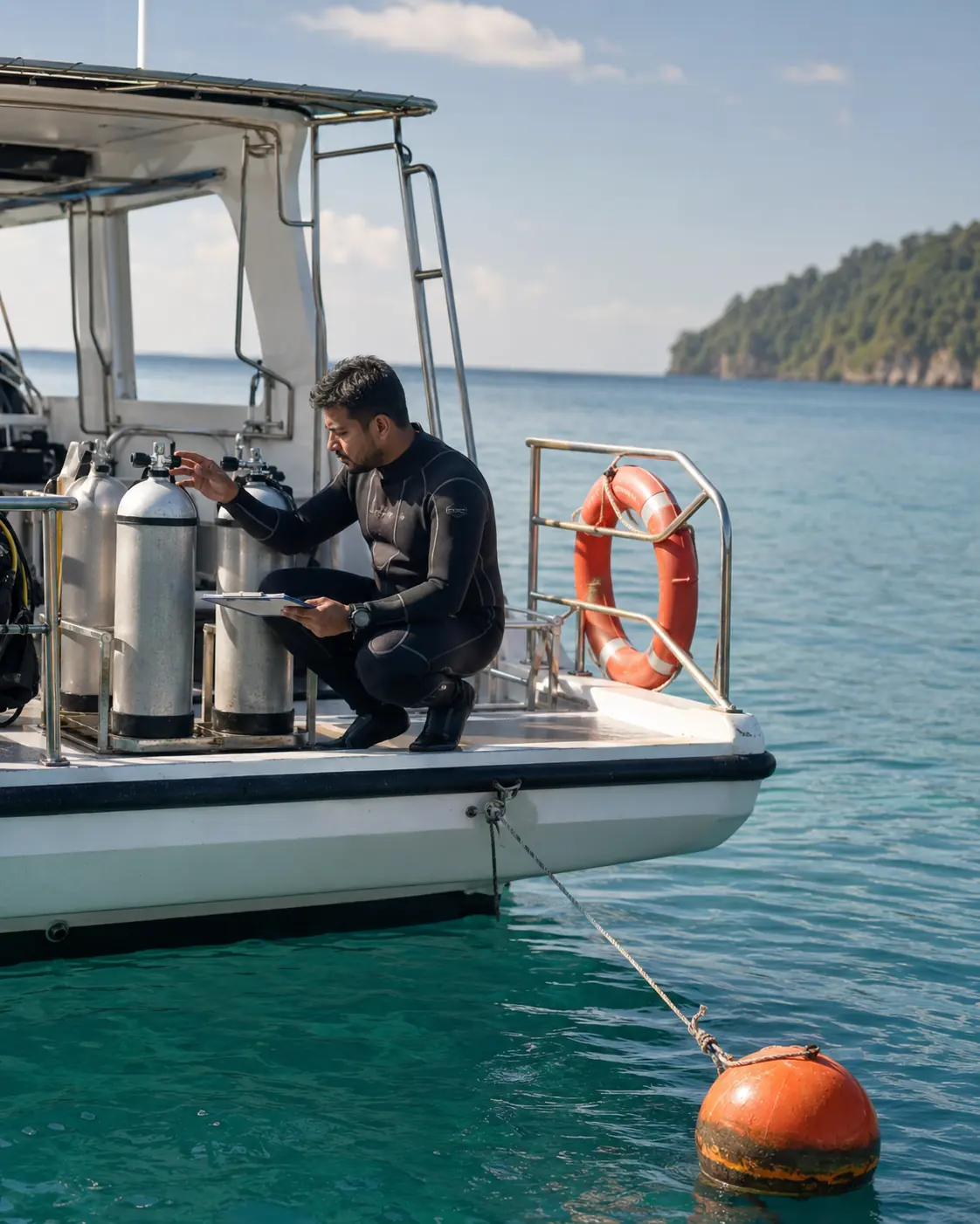 Dive boat safety check in the Andamans with cylinders and a mooring buoy