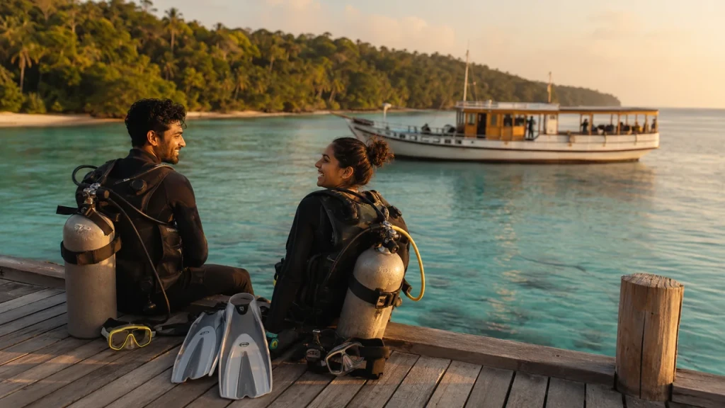 Two divers on a Havelock jetty at sunset planning their last dive before the ferry to Port Blair and the flight home