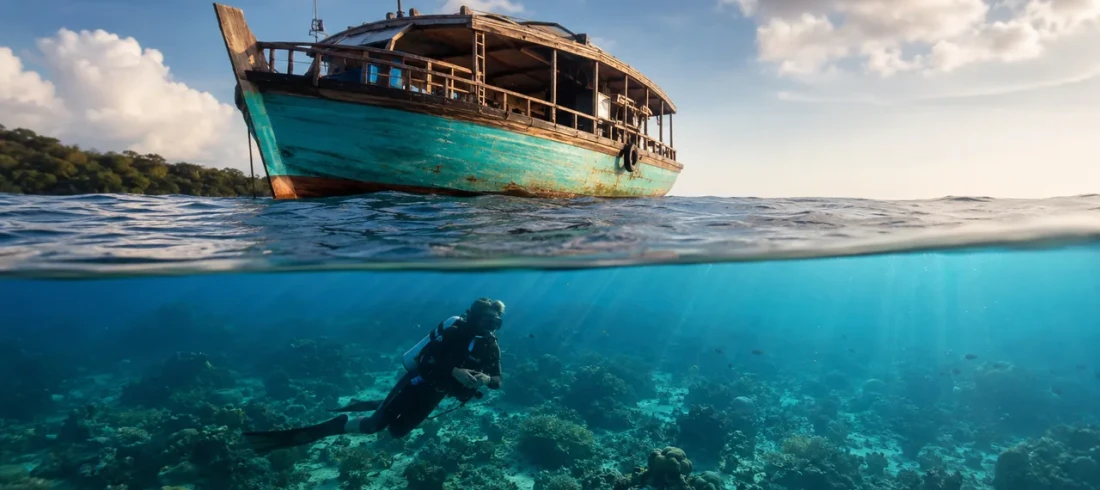 Scuba diver over the reef beside a dive boat in Havelock, where divers wait before they fly after scuba diving