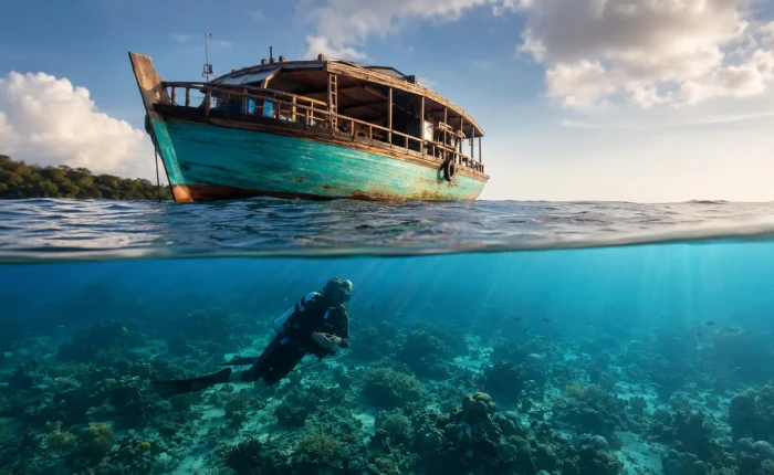 Scuba diver over the reef beside a dive boat in Havelock, where divers wait before they fly after scuba diving