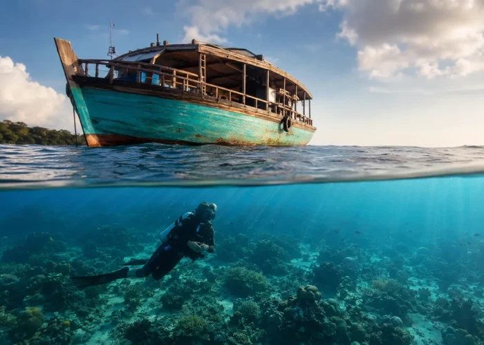 Scuba diver over the reef beside a dive boat in Havelock, where divers wait before they fly after scuba diving