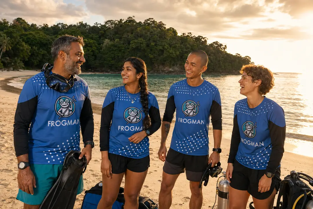 Frogman dive team on the beach in Havelock, Andaman