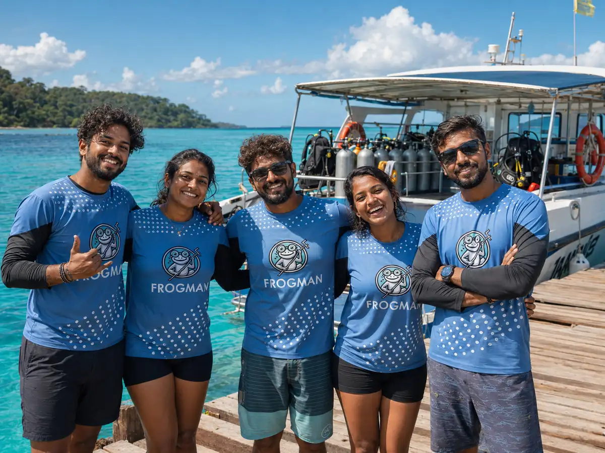 The Frogman Scuba Diving Centre team on the dive boat in Havelock