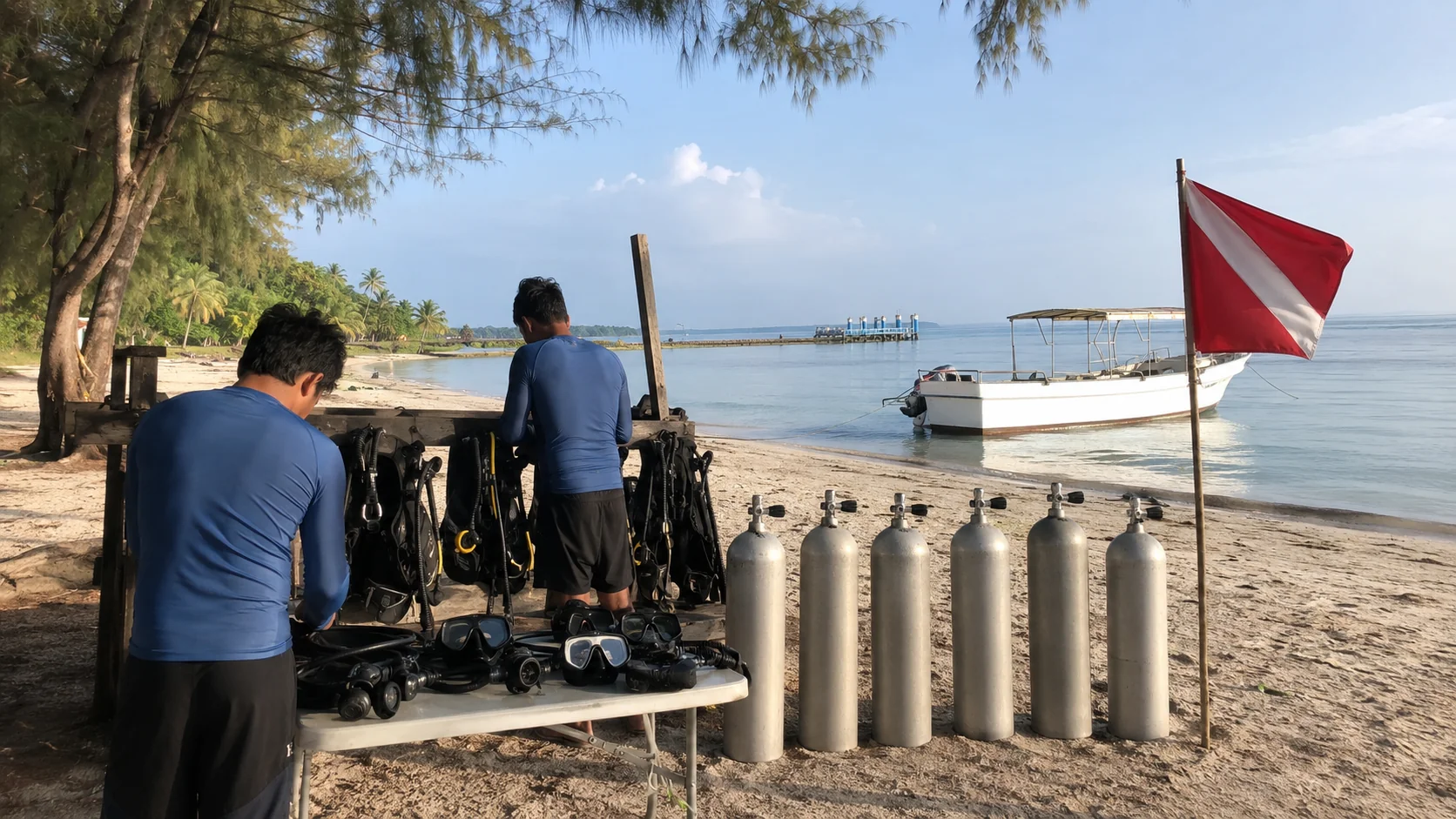 Frogman dive gear and cylinders set up at Govind Nagar Beach with the dive boat behind