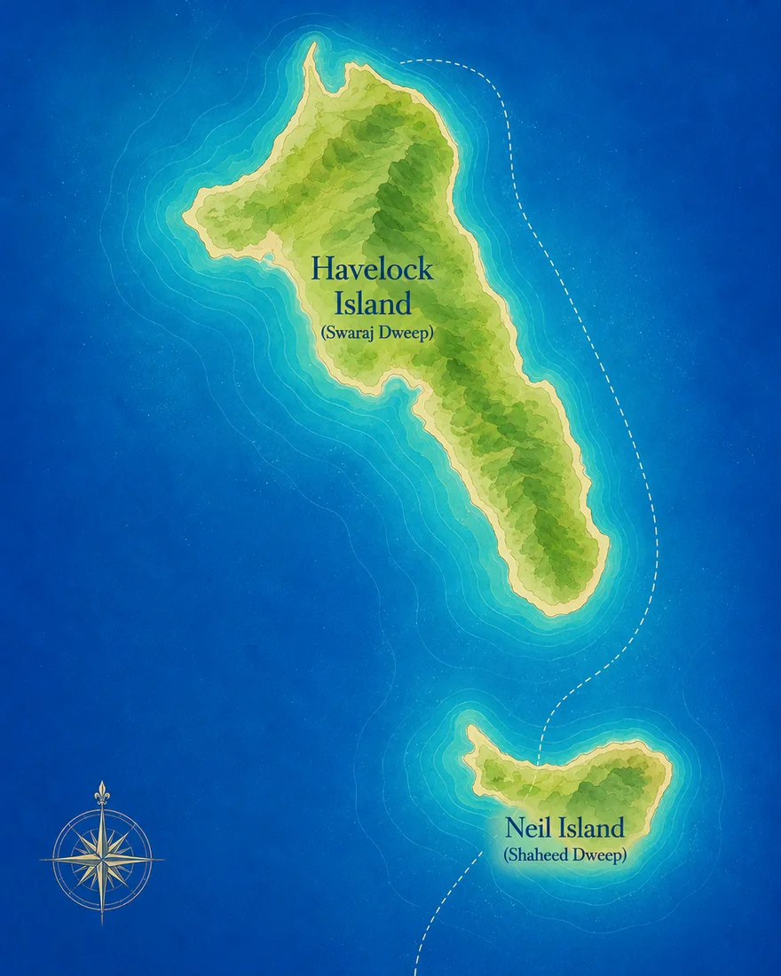 Map of Havelock Island and Neil Island showing the ferry route, Andaman