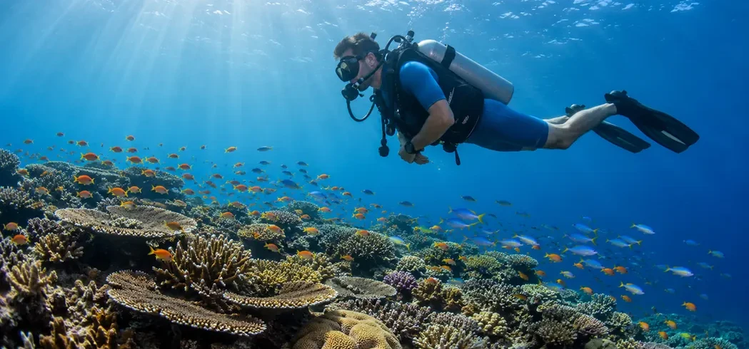Scuba diver over a coral reef in the Andaman Islands
