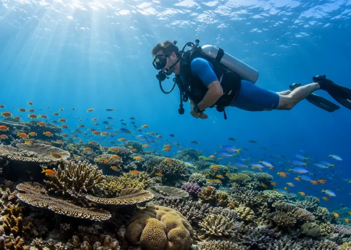 Scuba diver over a coral reef in the Andaman Islands