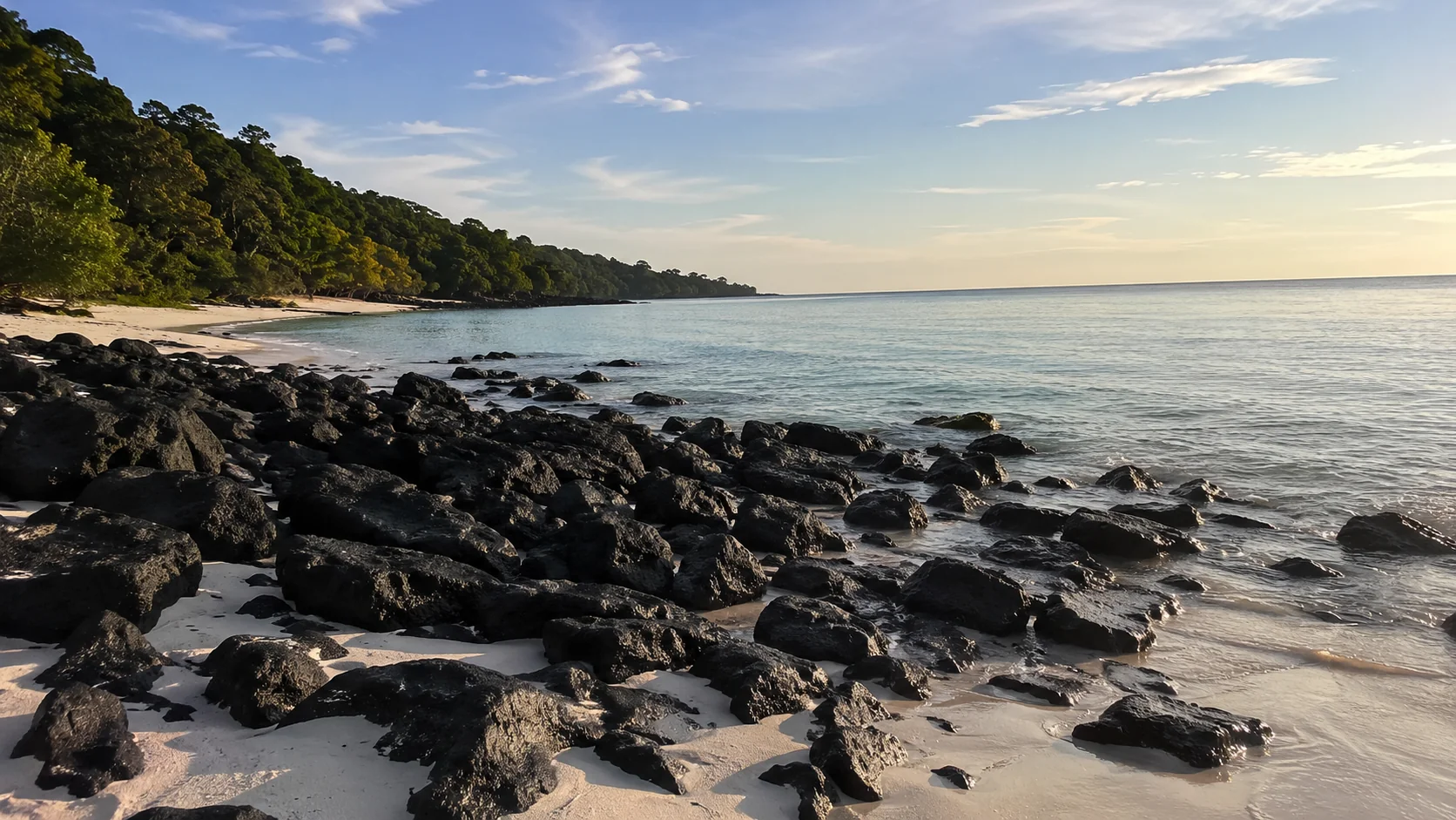 The black rocks of Kalapathar Beach on the Havelock shoreline in morning light